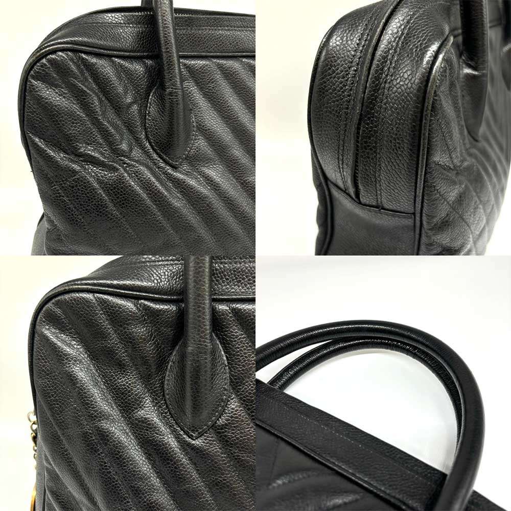 Chanel Caviar Skin Handbag Chevron V Stitch Black Leather