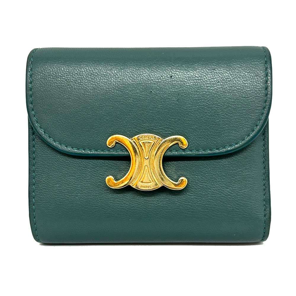 Celine Triomphe Small Flap Wallet Green Leather in Very Good Condition