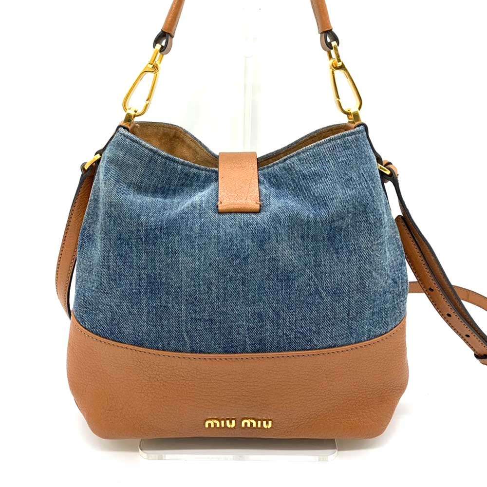 Miu Miu Denim Canvas Leather Madras 2way Shoulder Bag 5BE951