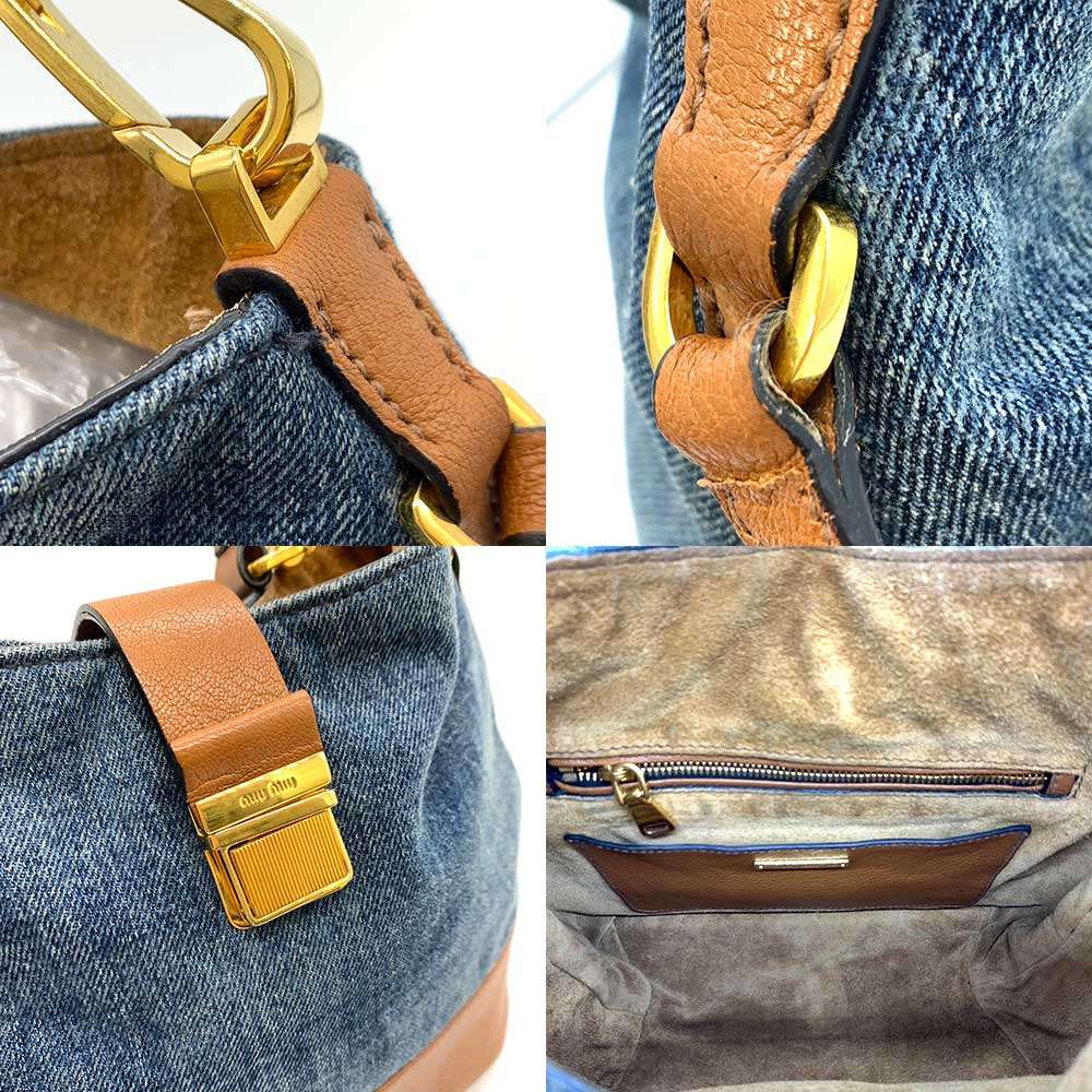 Miu Miu Denim Canvas Leather Madras 2way Shoulder Bag 5BE951