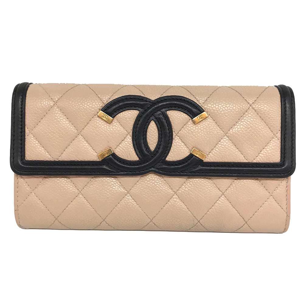 Chanel Caviar Skin Long Wallet Beige Leather