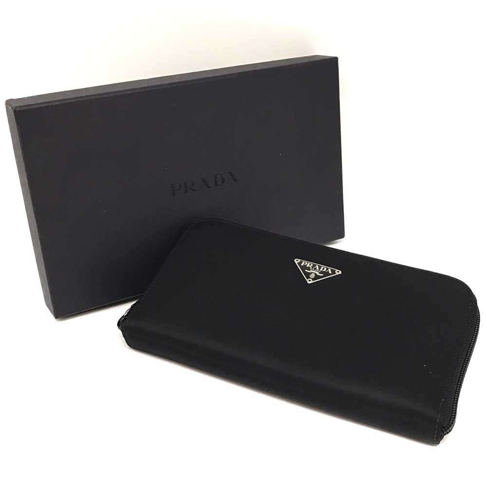 Prada Nylon Long Wallet Black Triangle Logo Zip Around in Very Good Condition