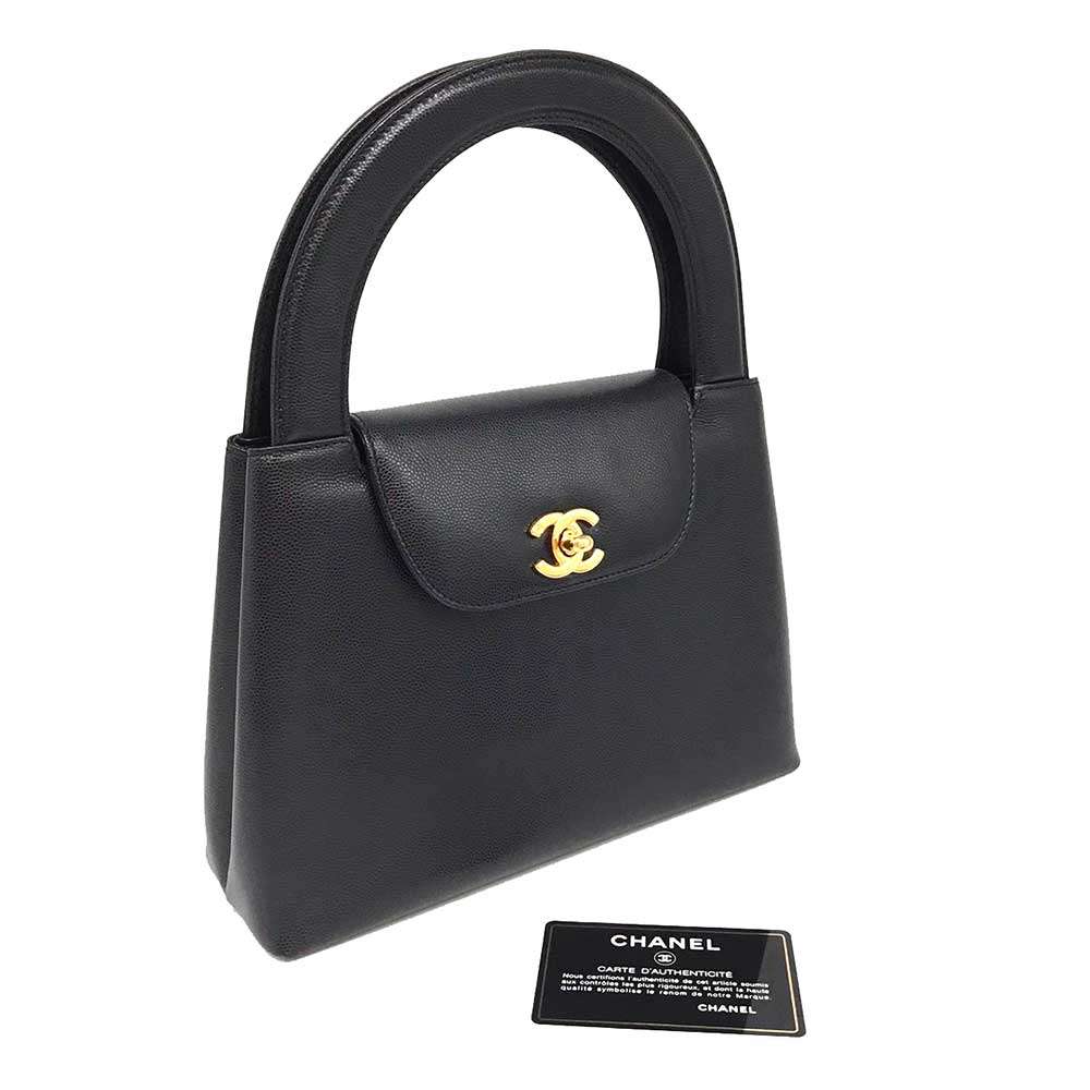 Chanel Caviar Skin Handbag Black Gold