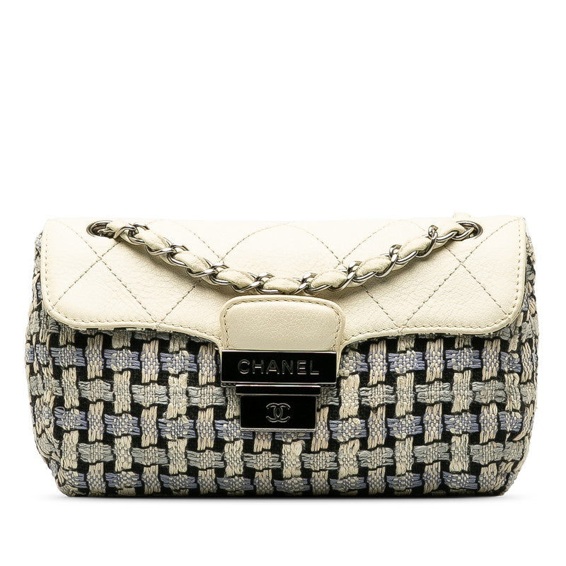 Chanel Wool Leather Wild Stitch Coco Mark Tweed Chain Shoulder Bag