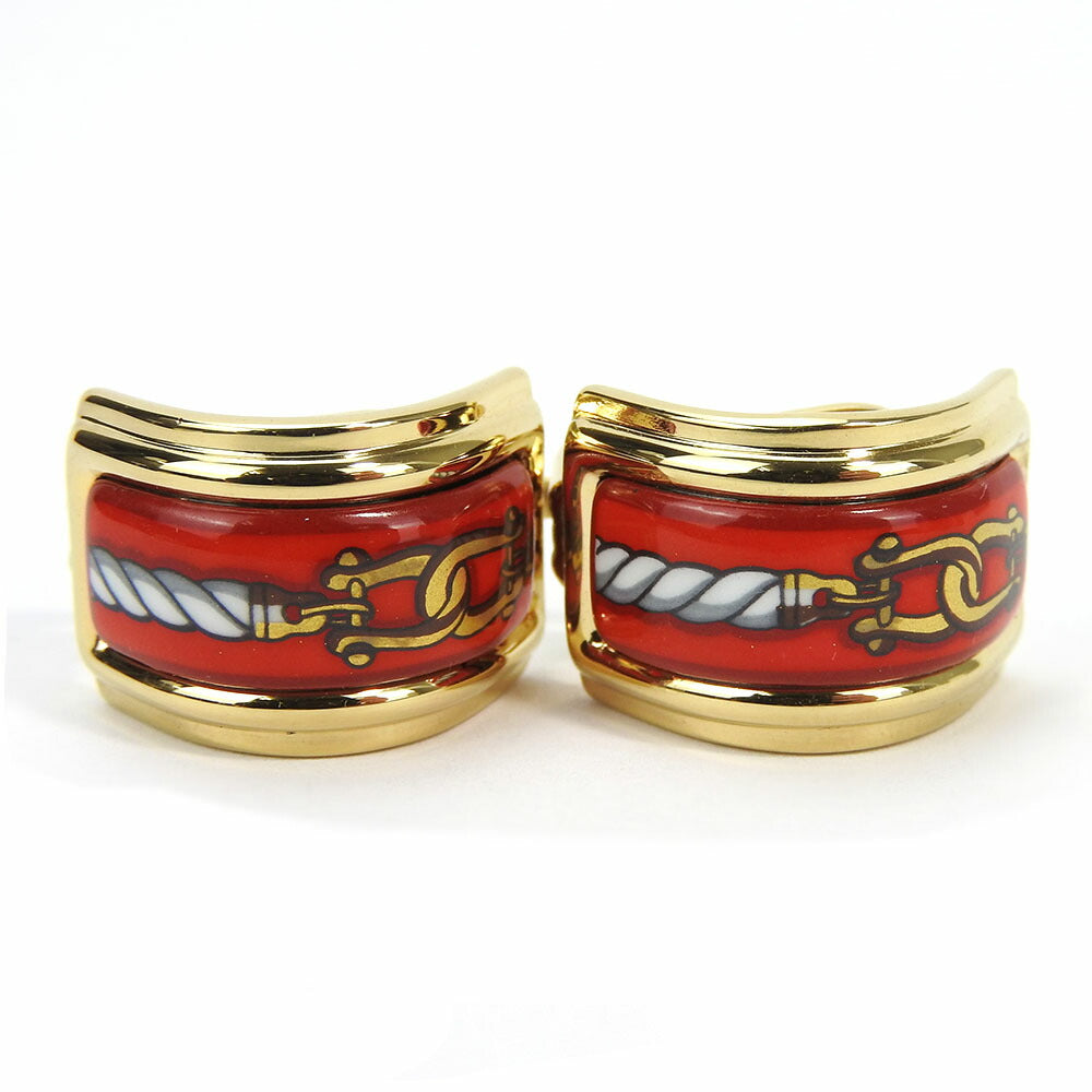 Hermes Enamel Metal Earrings Red Gold