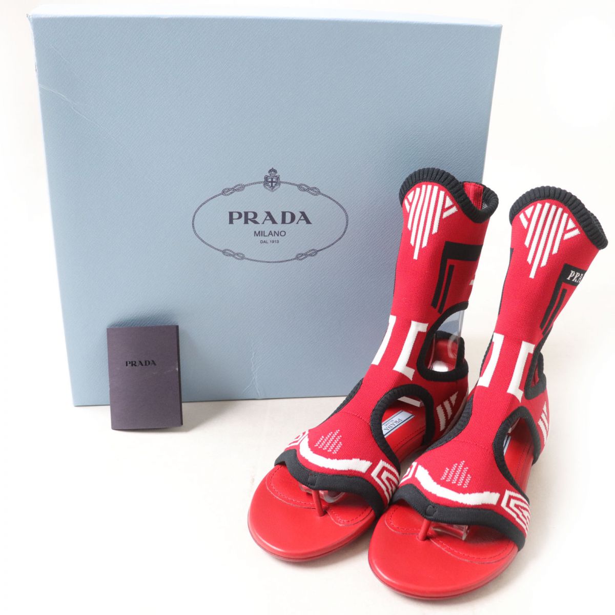 Prada Jacquard Knit Flat Sandals Red Size 35