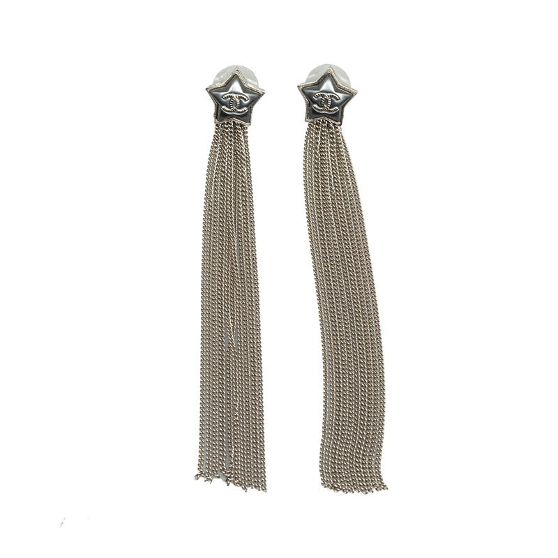 Chanel Coco Mark Star Motif Fringe Earrings Silver Metal in Great Condition