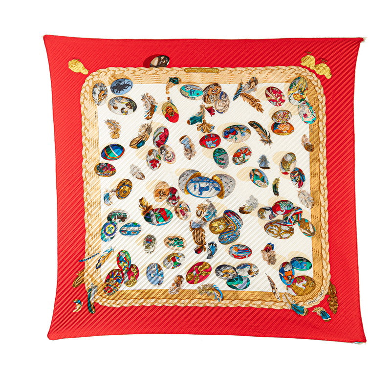 Hermes Silk Pleated Scarf Red White Multicolor