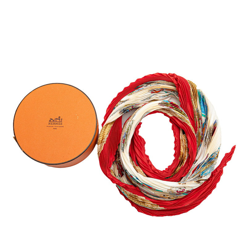 Hermes Silk Pleated Scarf Red White Multicolor