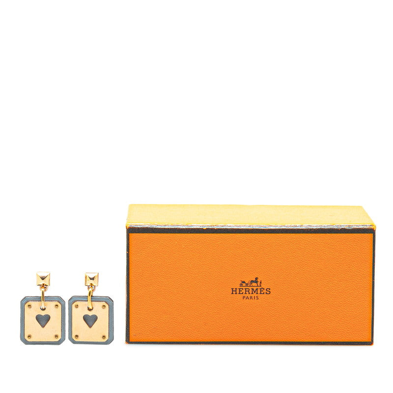 Hermes As de Coeur PM Heart Earrings Gold Light Blue in Great Condition