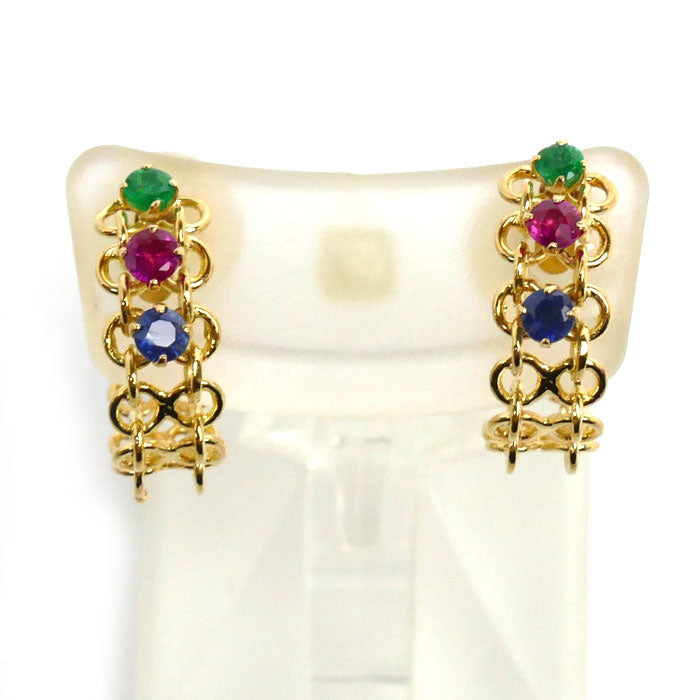 K18YG Yellow Gold Ruby Sapphire Emerald Earrings