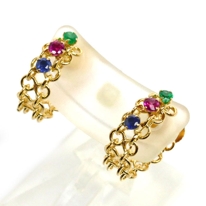 K18YG Yellow Gold Ruby Sapphire Emerald Earrings