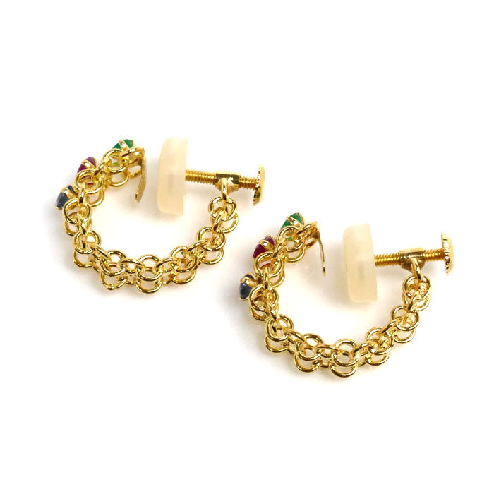 K18YG Yellow Gold Ruby Sapphire Emerald Earrings