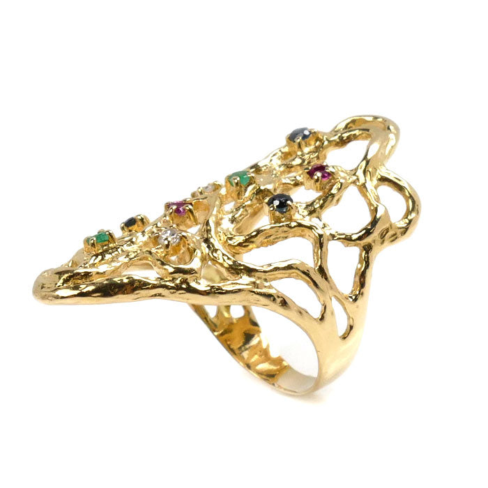 K18YG Yellow Gold Multi-Stone Ring Ruby Sapphire Emerald