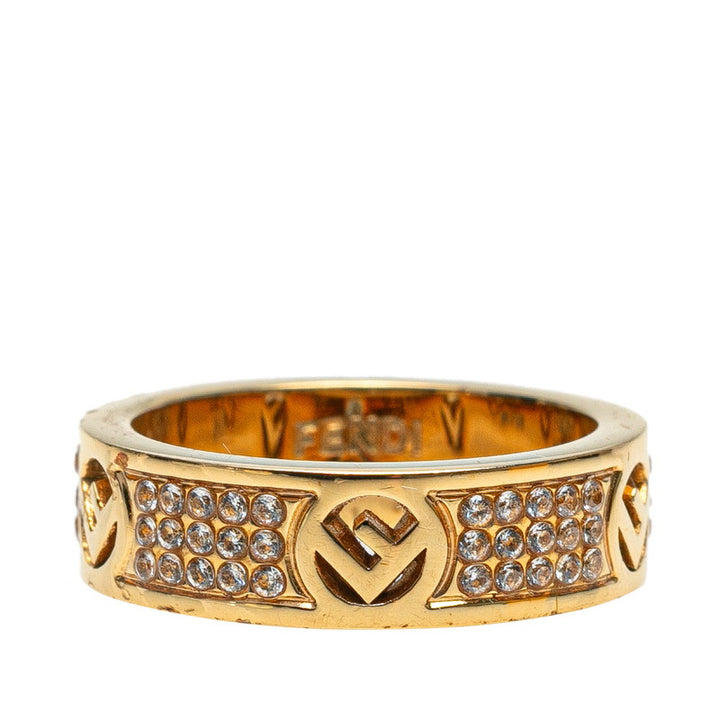 Fendi F Logo Rhinestone Ring Gold Plated