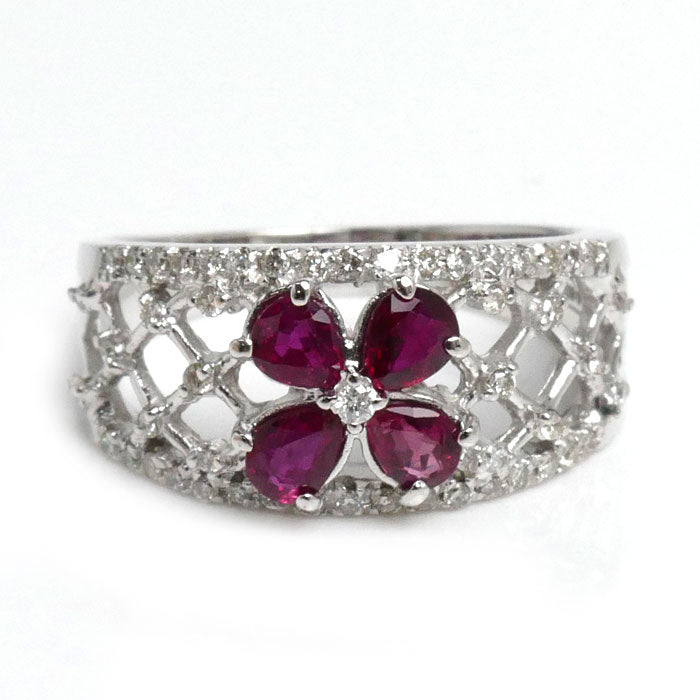 K18WG White Gold Ruby Flower Ring