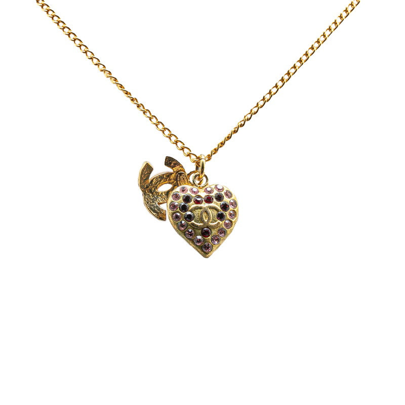 Chanel Heart Rhinestone Necklace Gold Pink