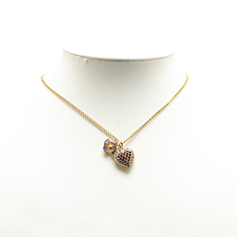 Chanel Heart Rhinestone Necklace Gold Pink