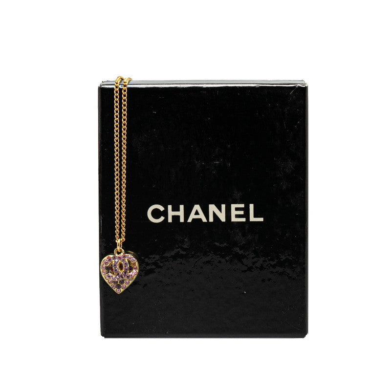 Chanel Heart Rhinestone Necklace Gold Pink