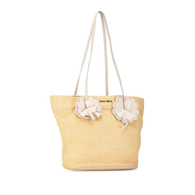 Miu Miu Flower Motif Straw Leather Tote Bag