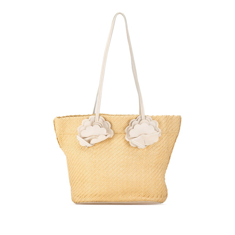 Miu Miu Flower Motif Straw Leather Tote Bag