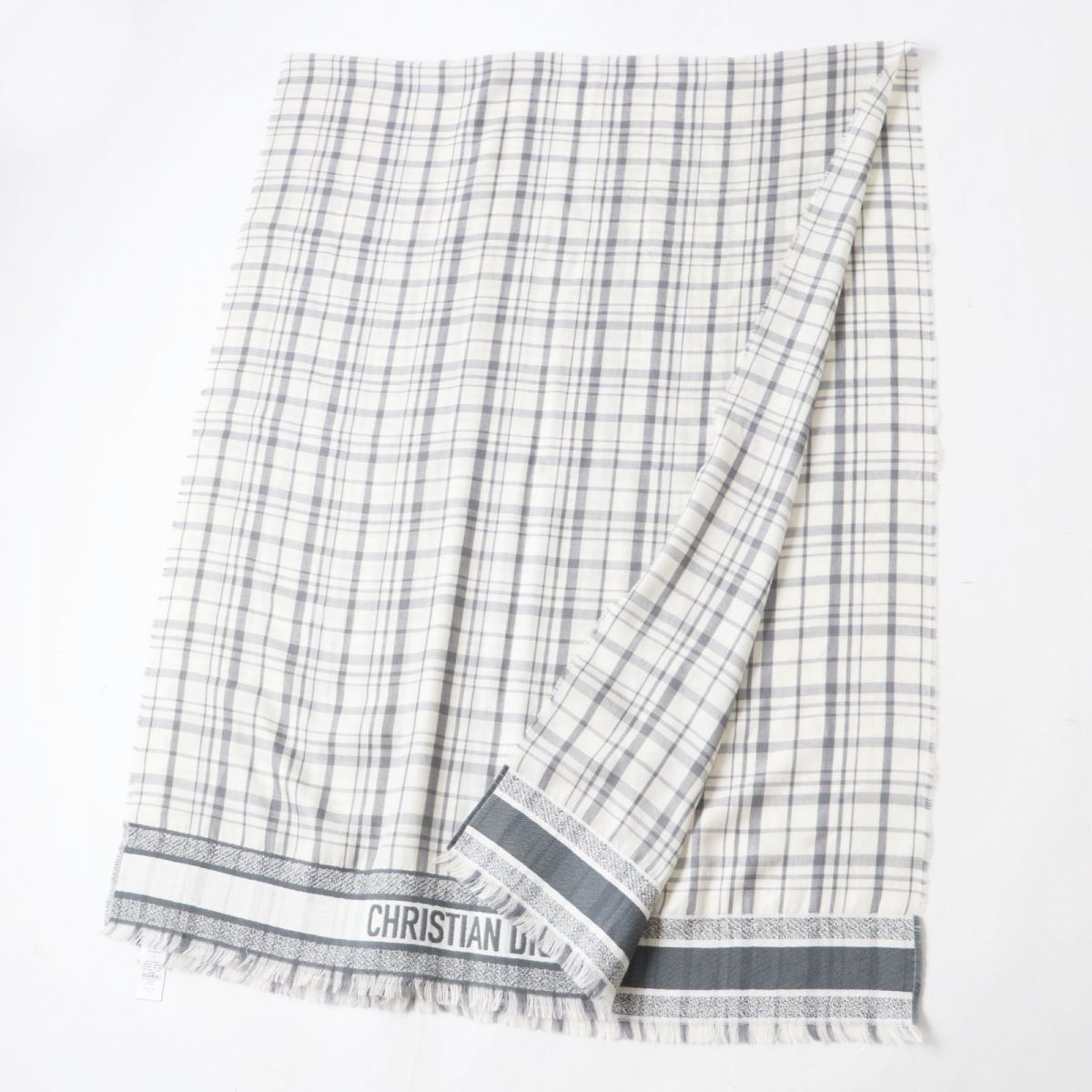 Dior Homme Men's Cashmere Silk Scarf White Grey Check