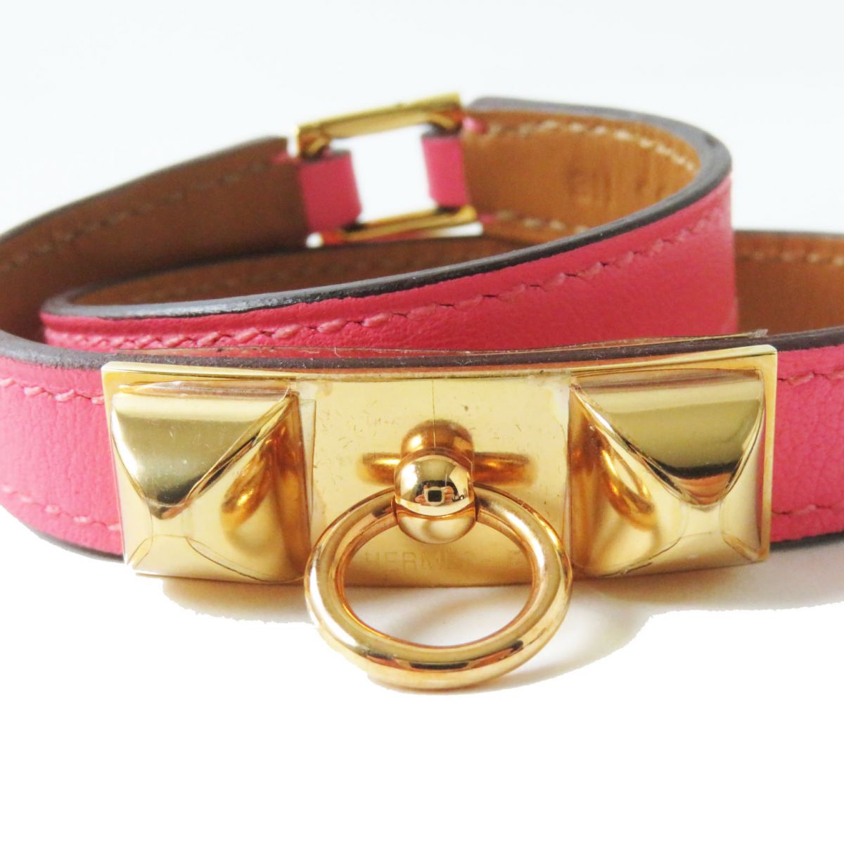 Hermes Leather Double Tour Bracelet Pink