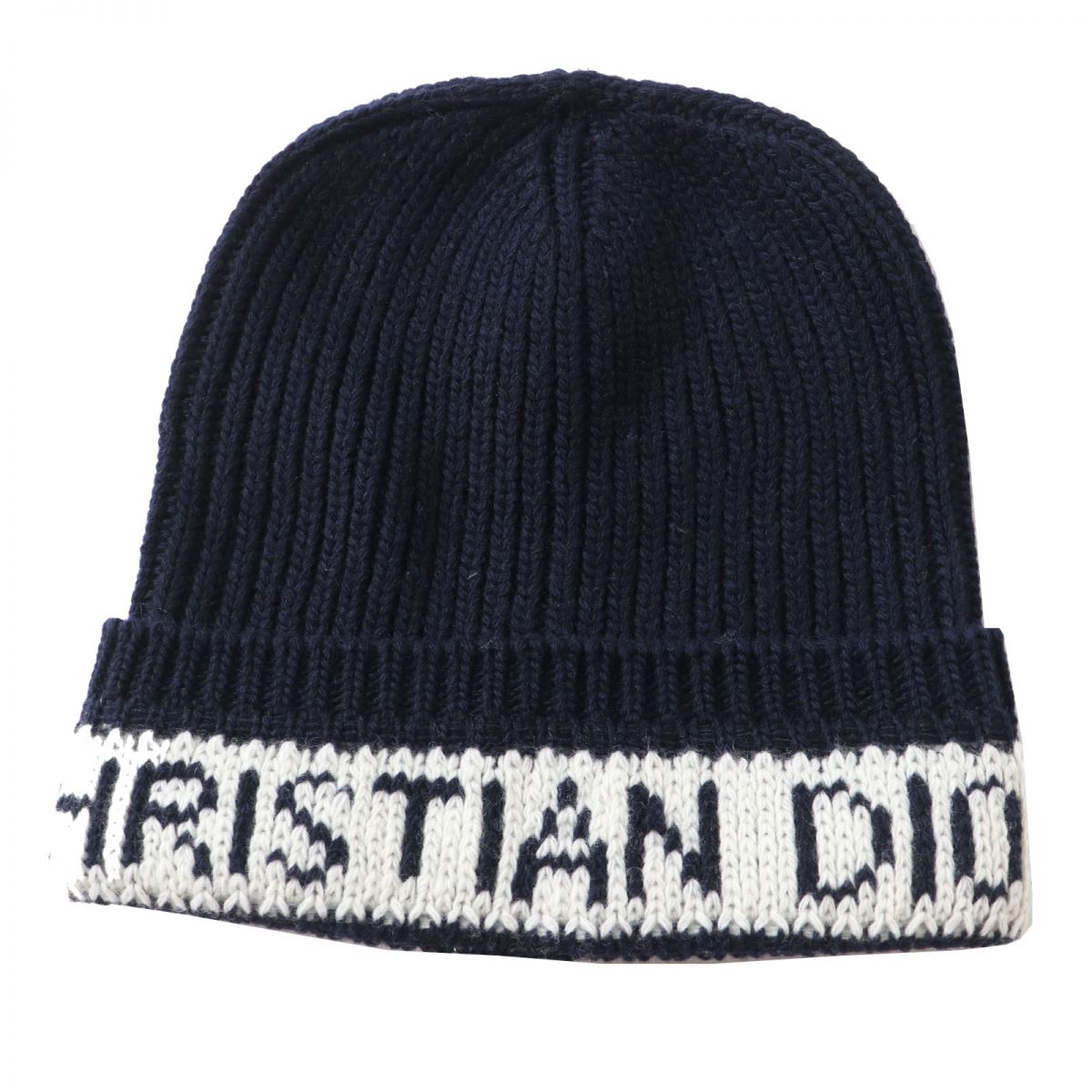 Christian Dior Wool Cashmere Logo Knit Hat Navy