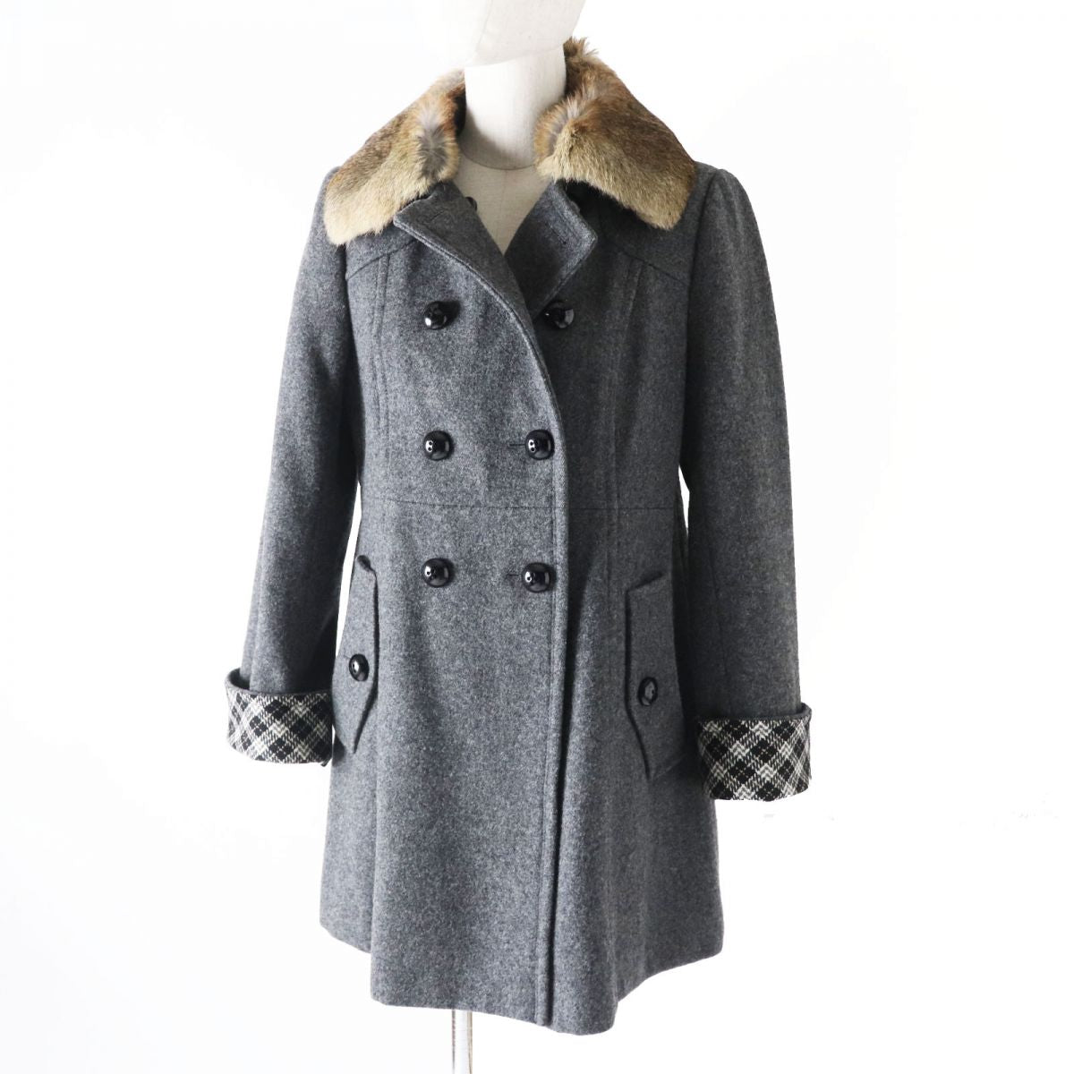 Burberry Women's Pea Coat Rabbit Fur Collar Grey