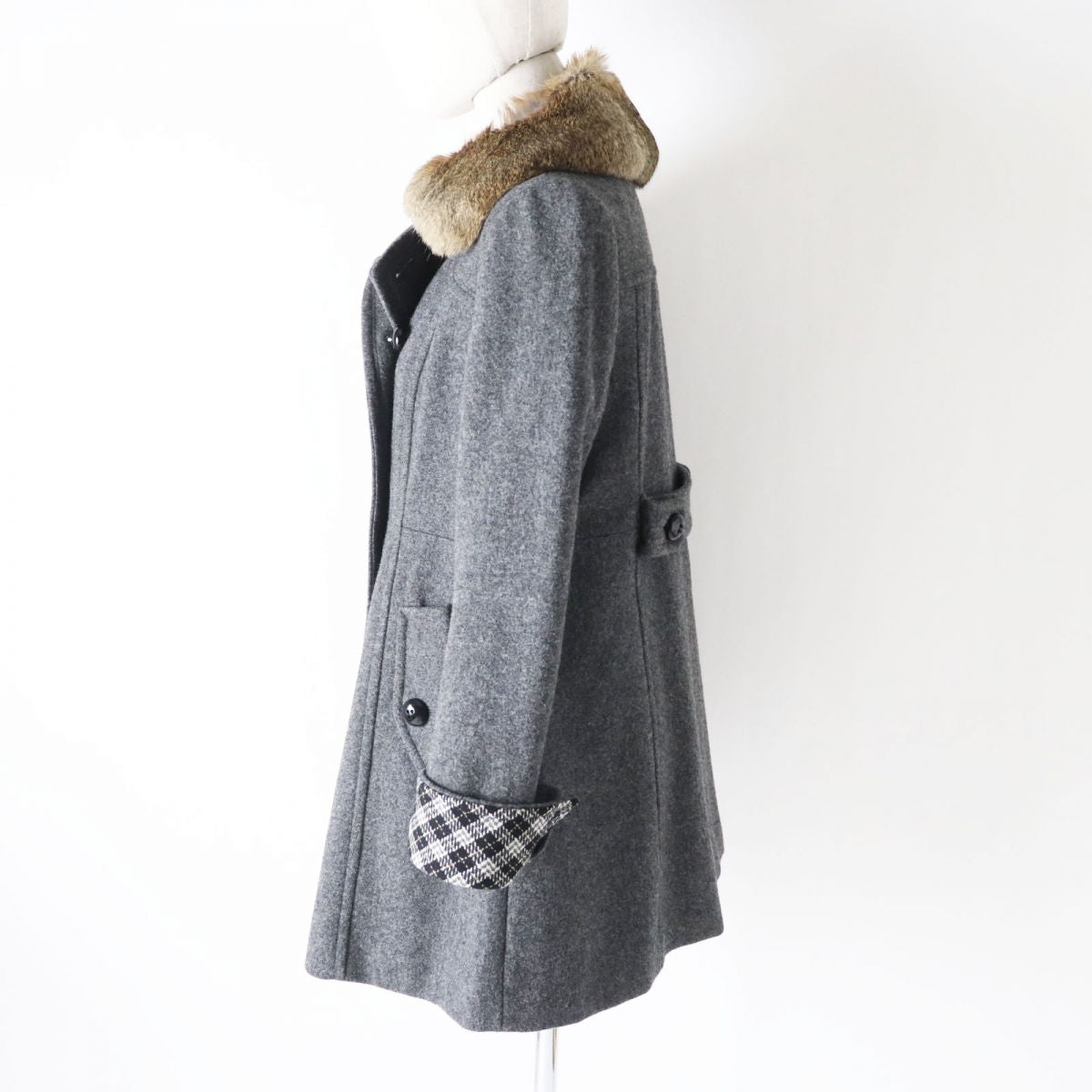 Burberry Women's Pea Coat Rabbit Fur Collar Grey