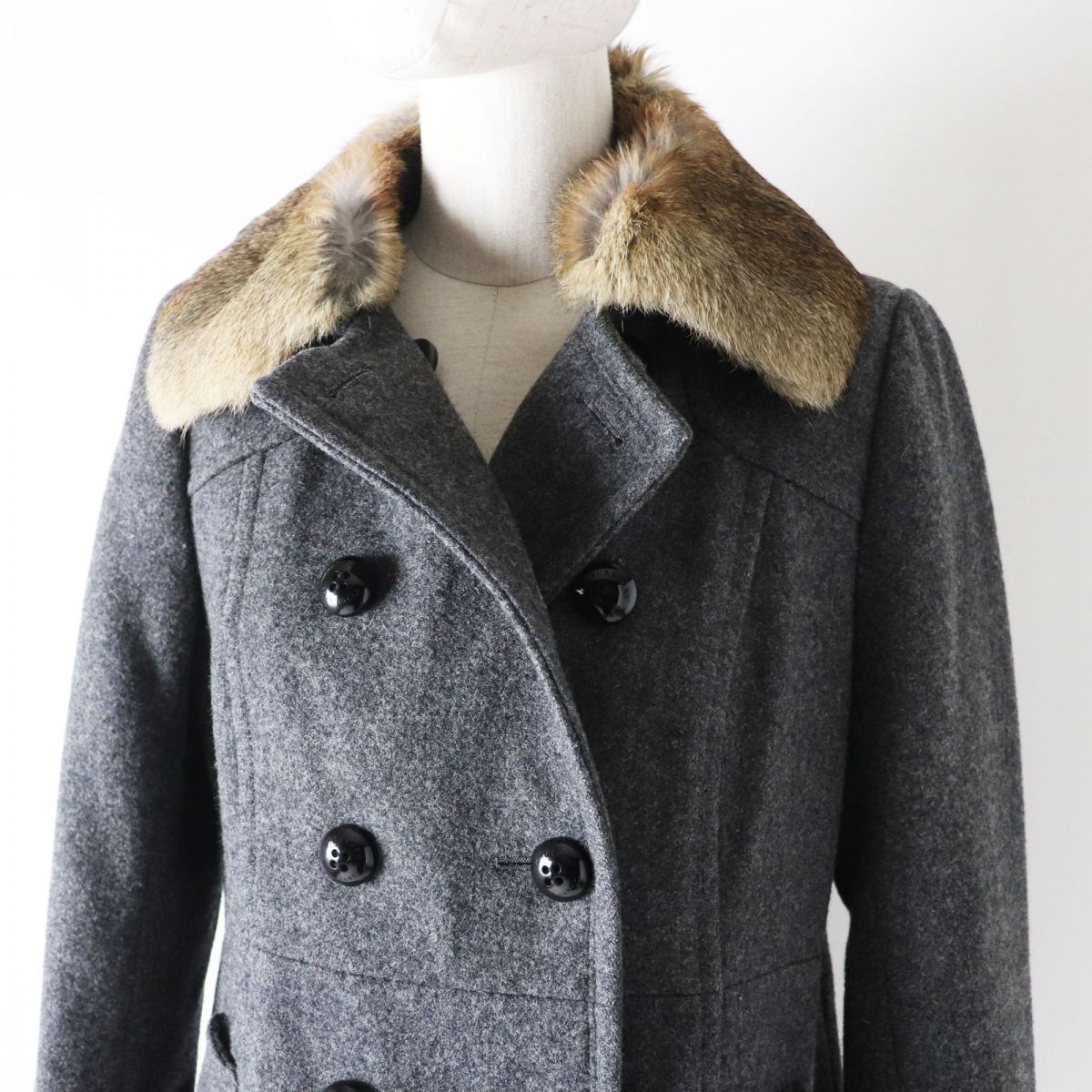 Burberry Women's Pea Coat Rabbit Fur Collar Grey