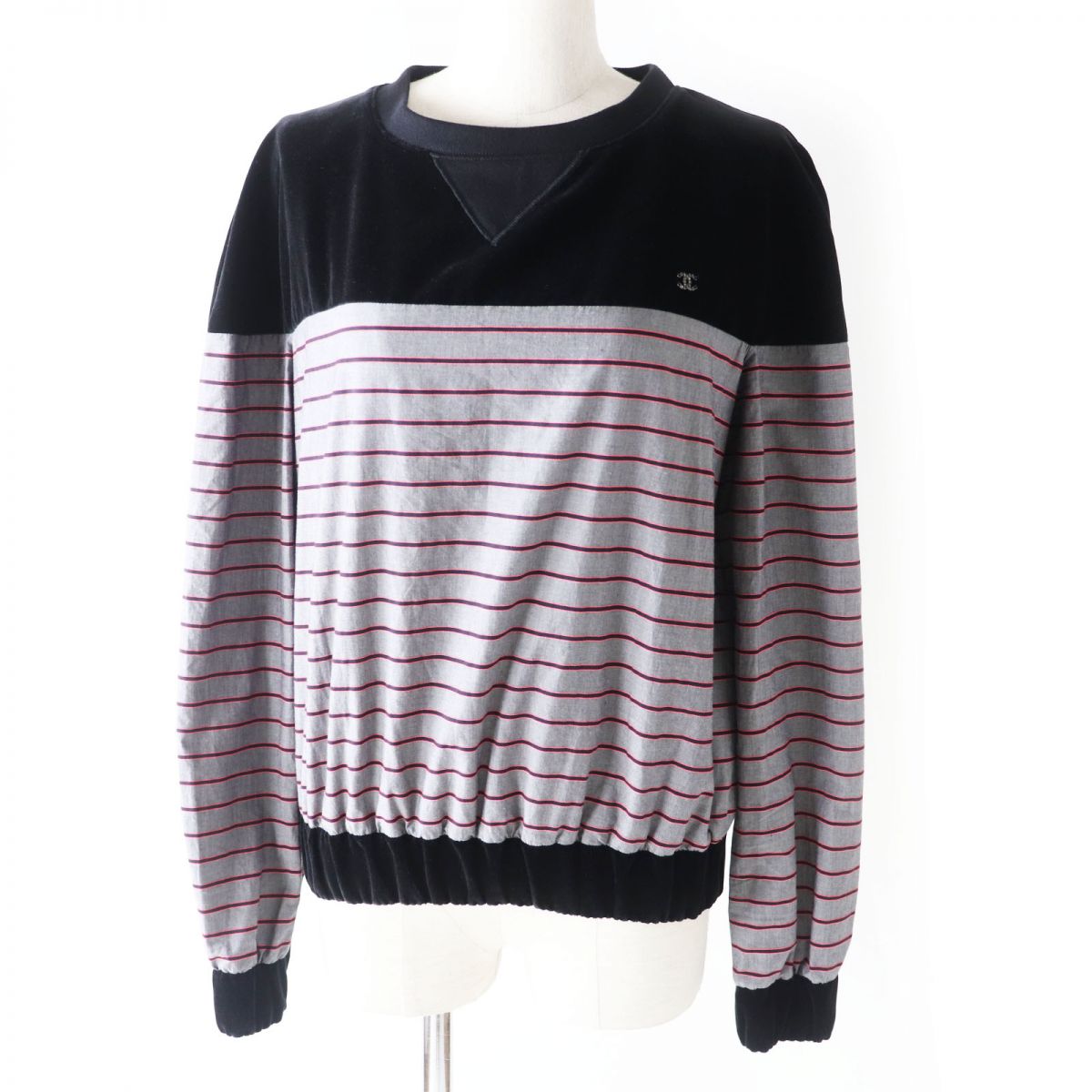 Chanel Velvet Sweatshirt Border Pattern Black Gray Pink 36