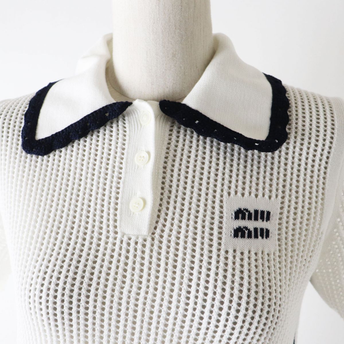 Miu Miu Women's Cotton Knit Polo Shirt White Navy