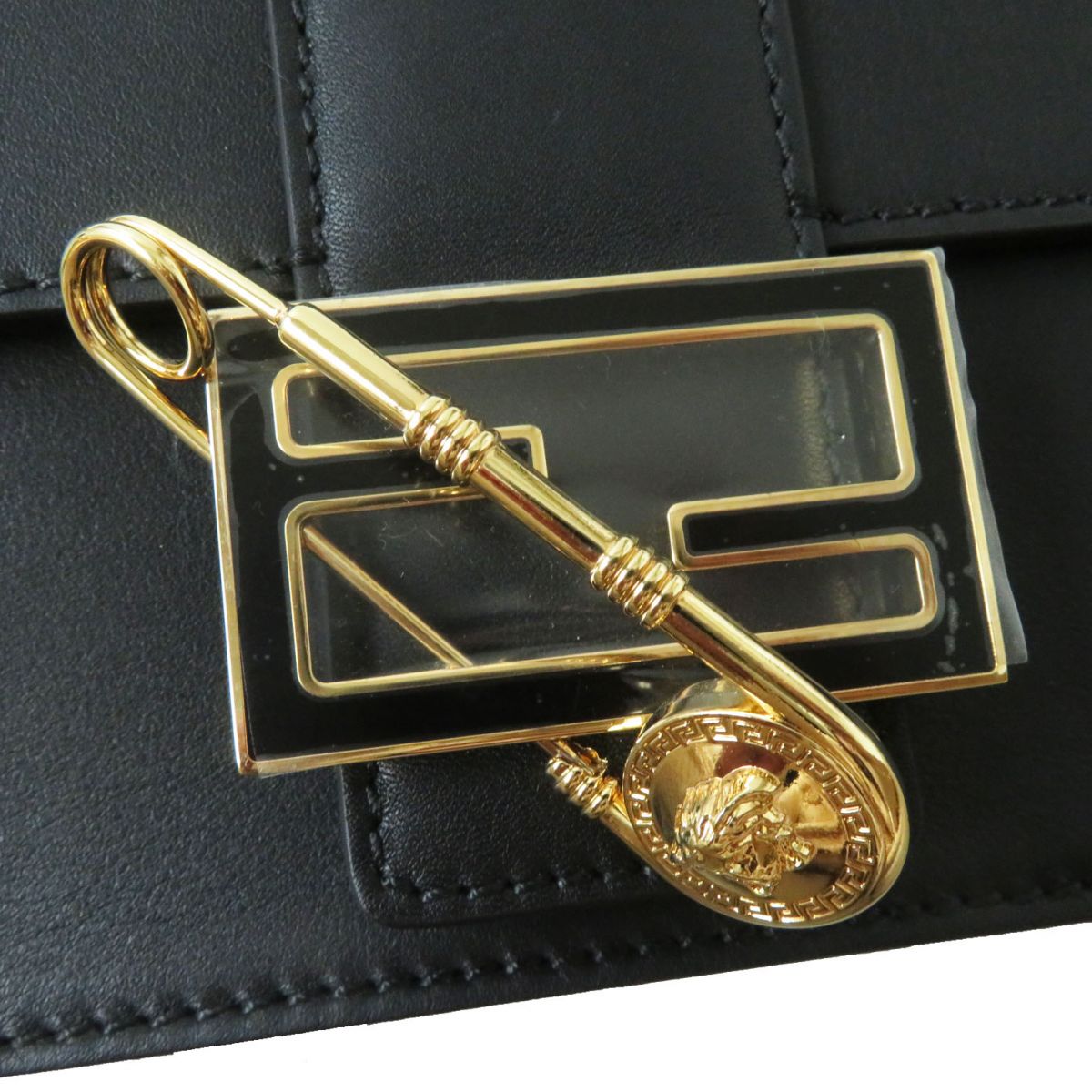 Fendi Versace 2WAY Baguette Bag Black Gold