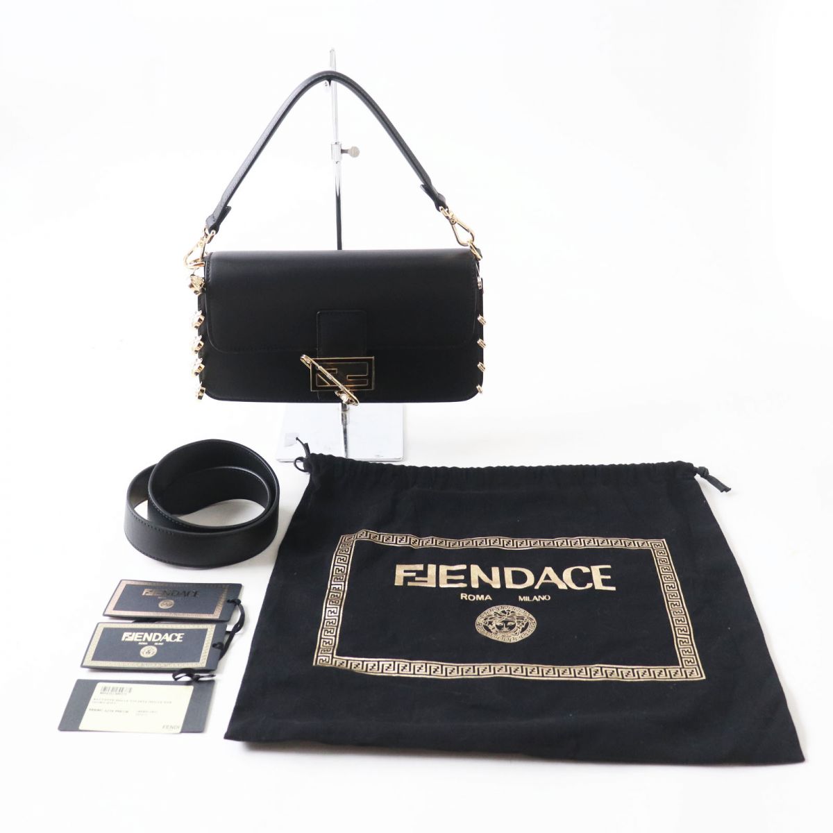 Fendi Versace 2WAY Baguette Bag Black Gold