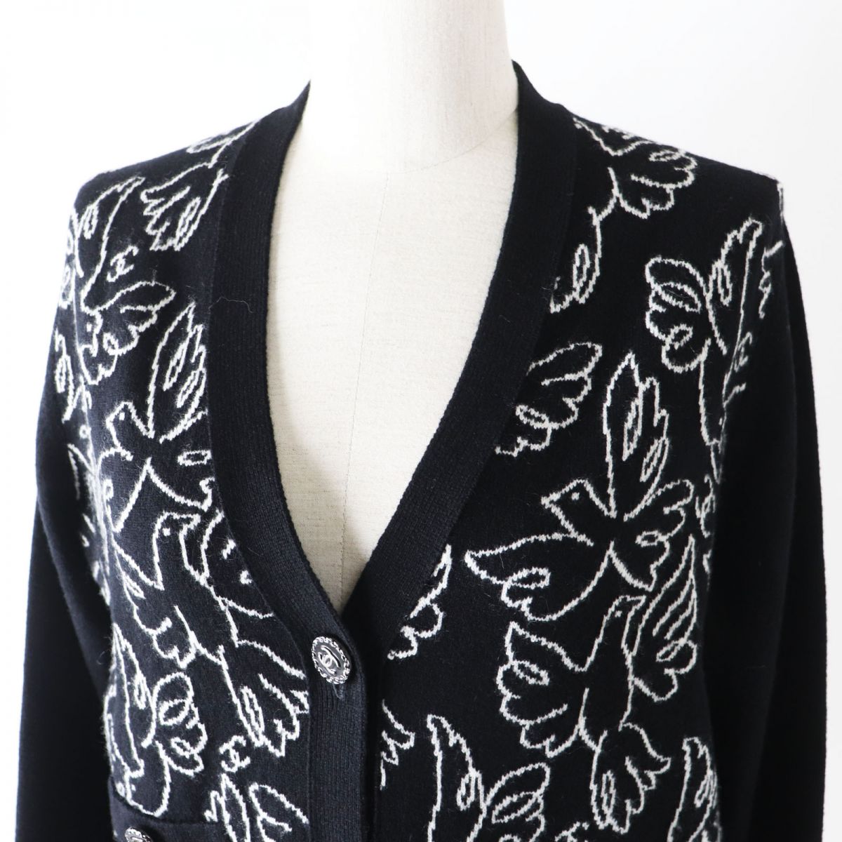 Chanel Cashmere Cardigan COCO Button Black White