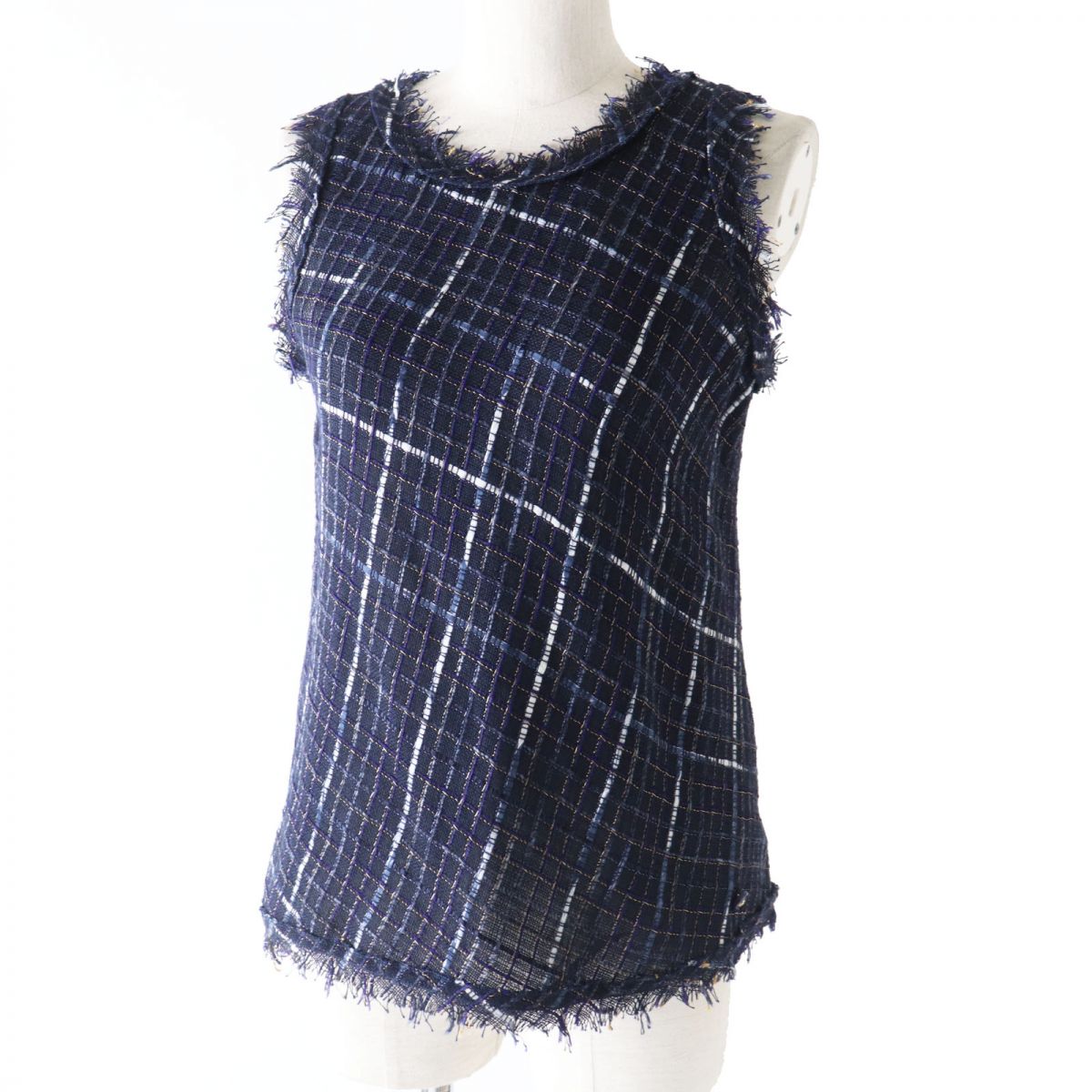 Chanel Tweed Sleeveless Cut-off Top Navy 36