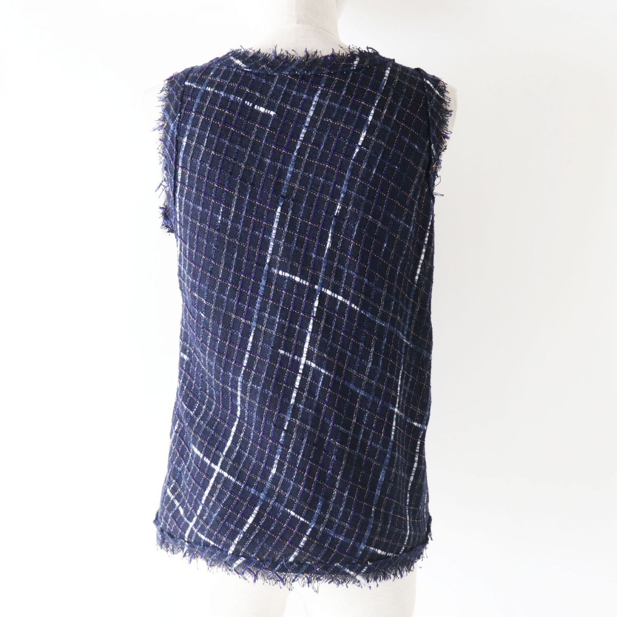 Chanel Tweed Sleeveless Cut-off Top Navy 36