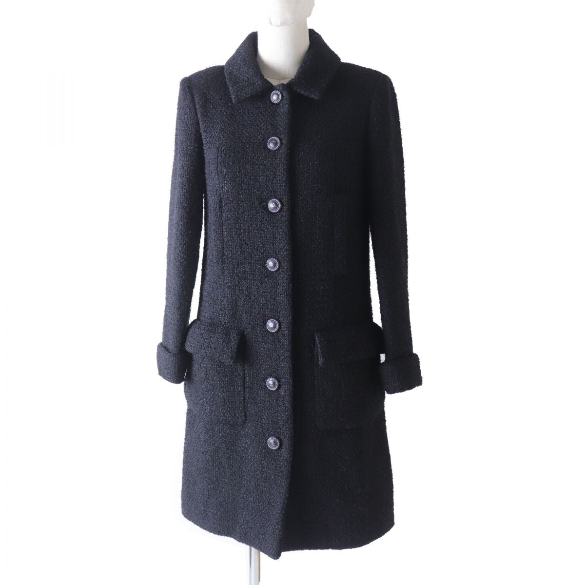 Chanel COCO Mark Tweed Coat Black Silk 34