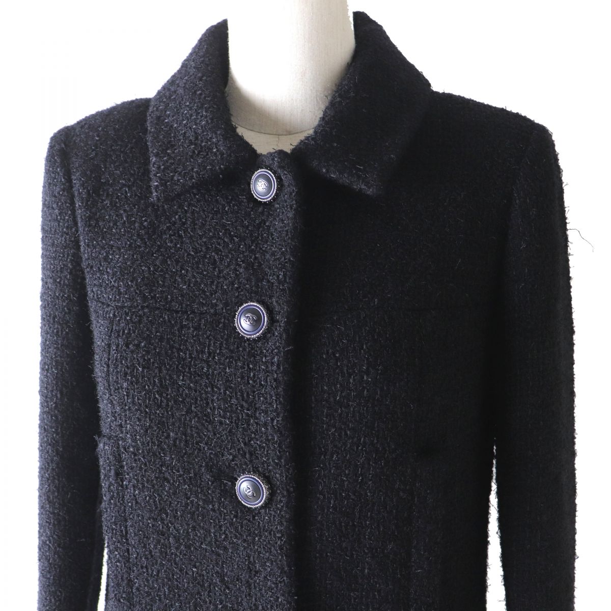 Chanel COCO Mark Tweed Coat Black Silk 34