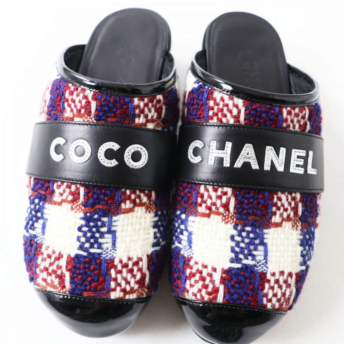 Chanel Patent Leather Tweed Clogs Sandals 36