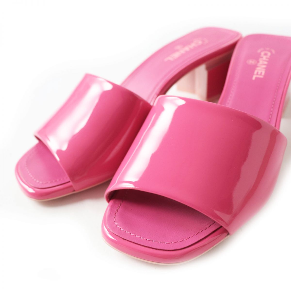 Chanel COCO Mark Patent Leather Mules Pink