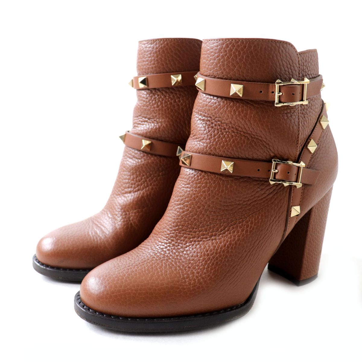 Valentino Rockstud Leather Short Boots Brown