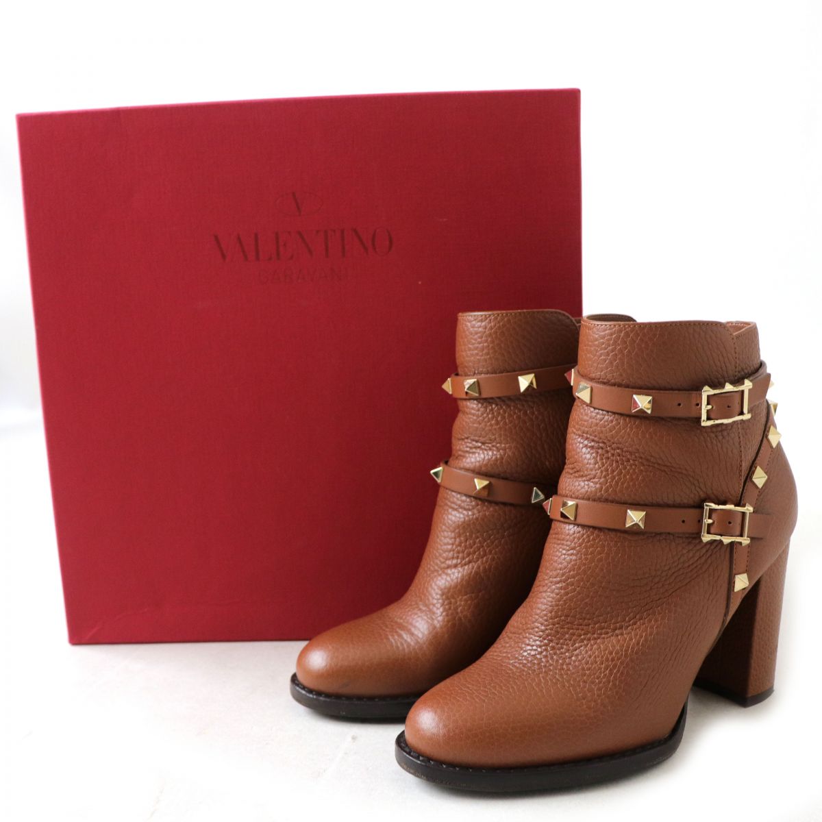 Valentino Rockstud Leather Short Boots Brown