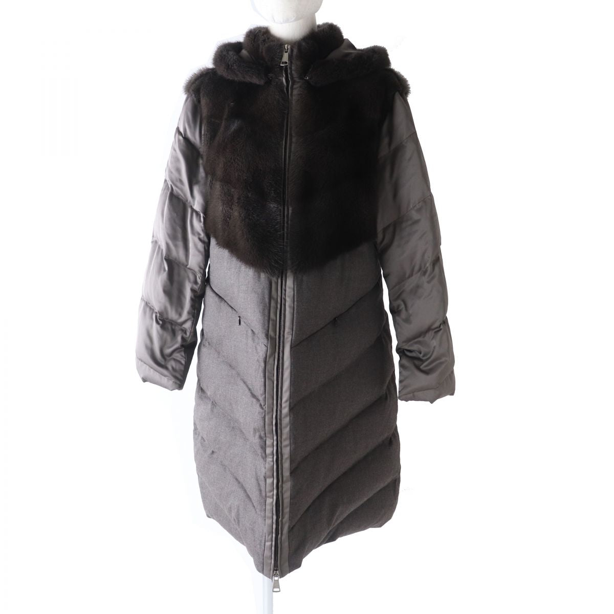 Manzoni24 Loro Piana Mink Fur Hooded Long Down Coat Women Brown