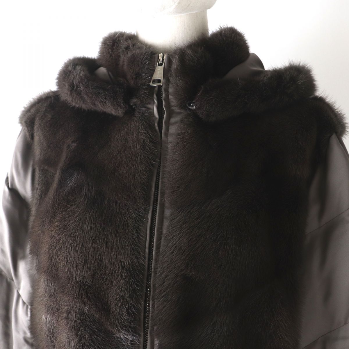 Manzoni24 Loro Piana Mink Fur Hooded Long Down Coat Women Brown