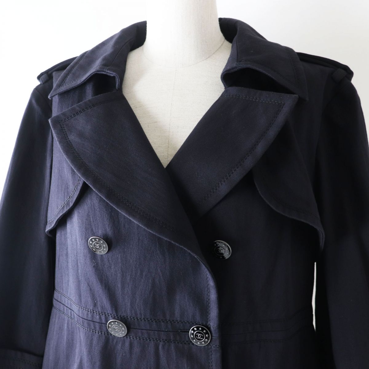 Chanel Cotton Trench Coat, COCO Mark Button, Navy