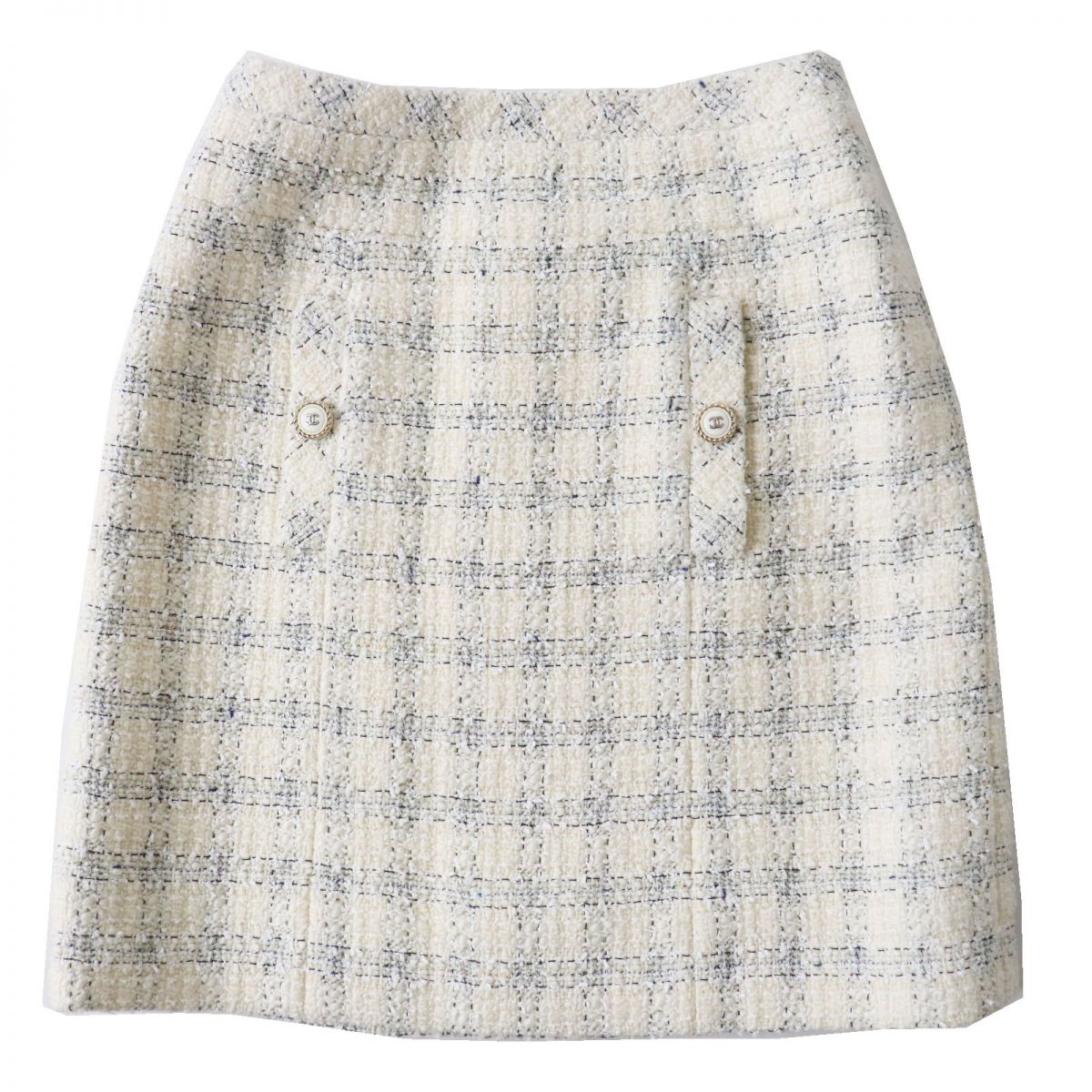 Chanel COCO Mark Tweed Trapezoid Skirt Ivory 34