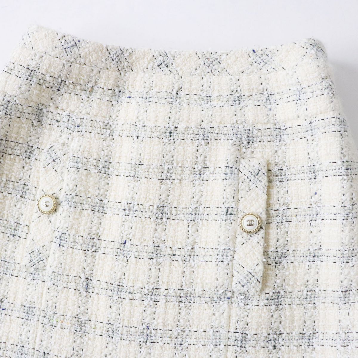 Chanel COCO Mark Tweed Trapezoid Skirt Ivory 34