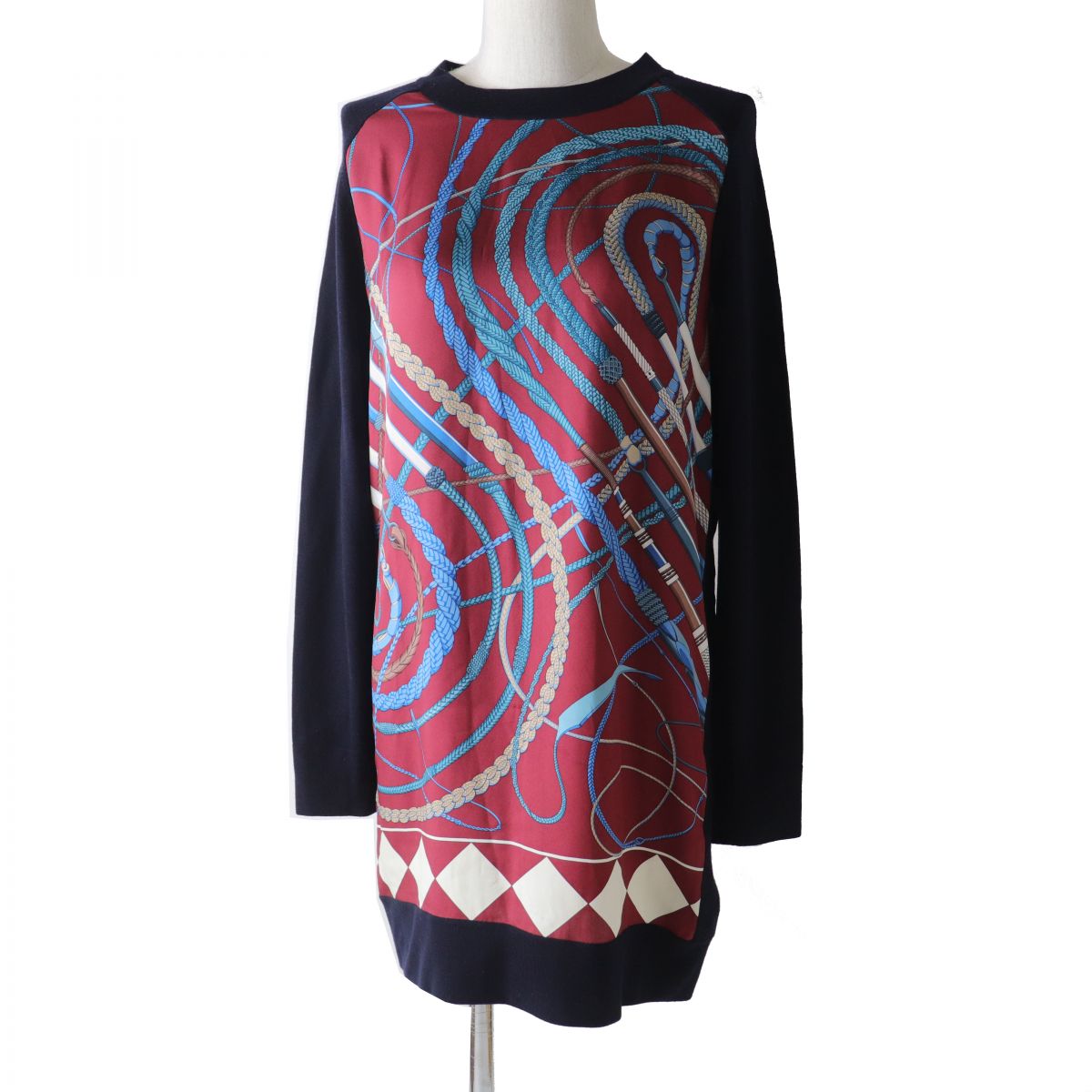 Hermes Silk Wool Dress Whip and Grip Red Navy